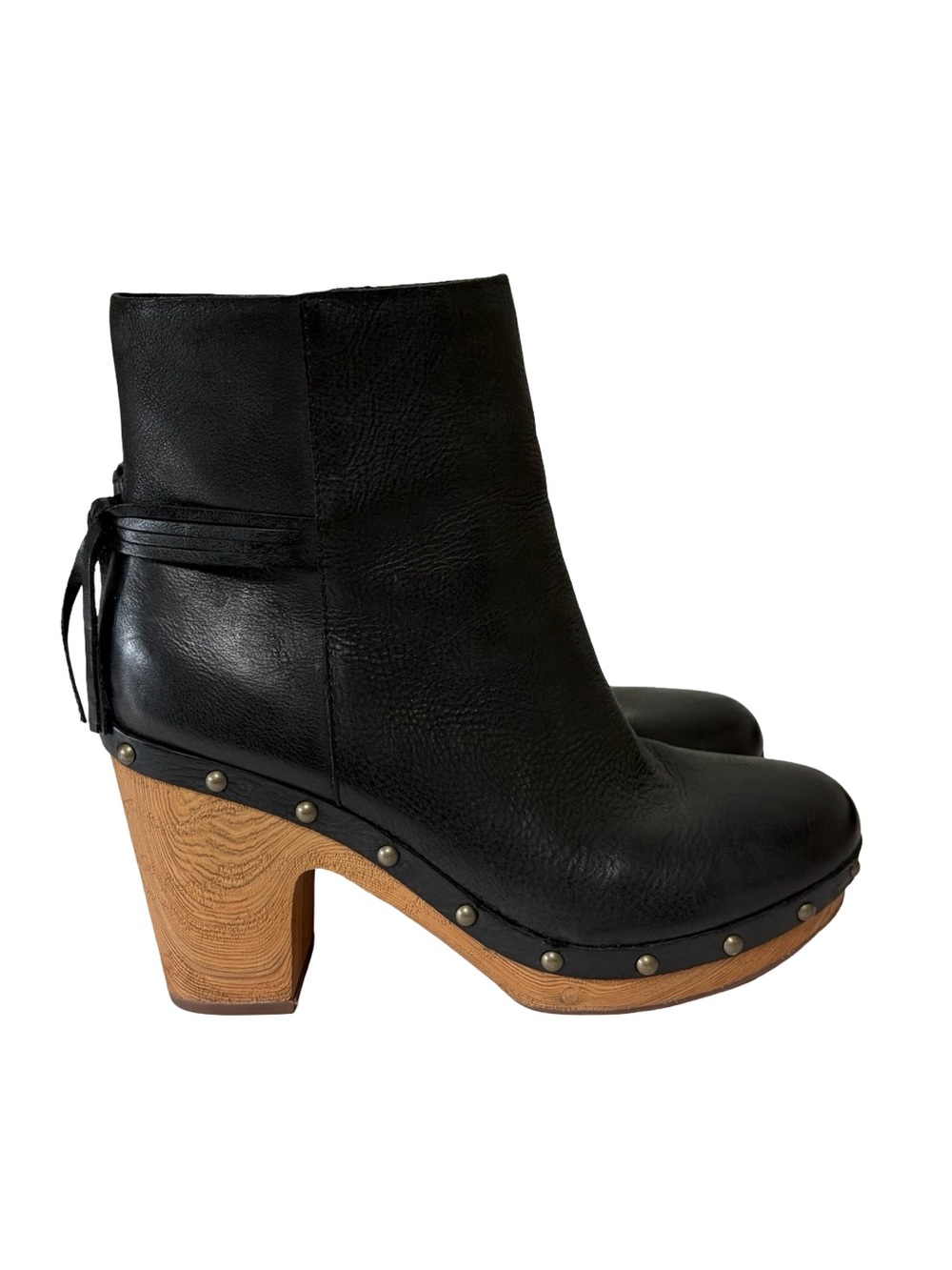 Kork-Ease Dianna Wooden Heel Clog Tassel Boots in Black Leather - Size 10